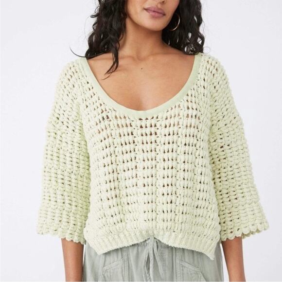 Free‎ People Cozy Pullover Sweater Sugared Mint Sz S Open Knit Cropped Crochet - Picture 2 of 10